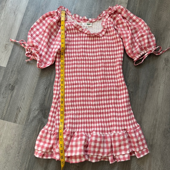 MABLE Pink White Check Ruffle Dress Smocked Stretch Medium Bodycon - Picture 10 of 11